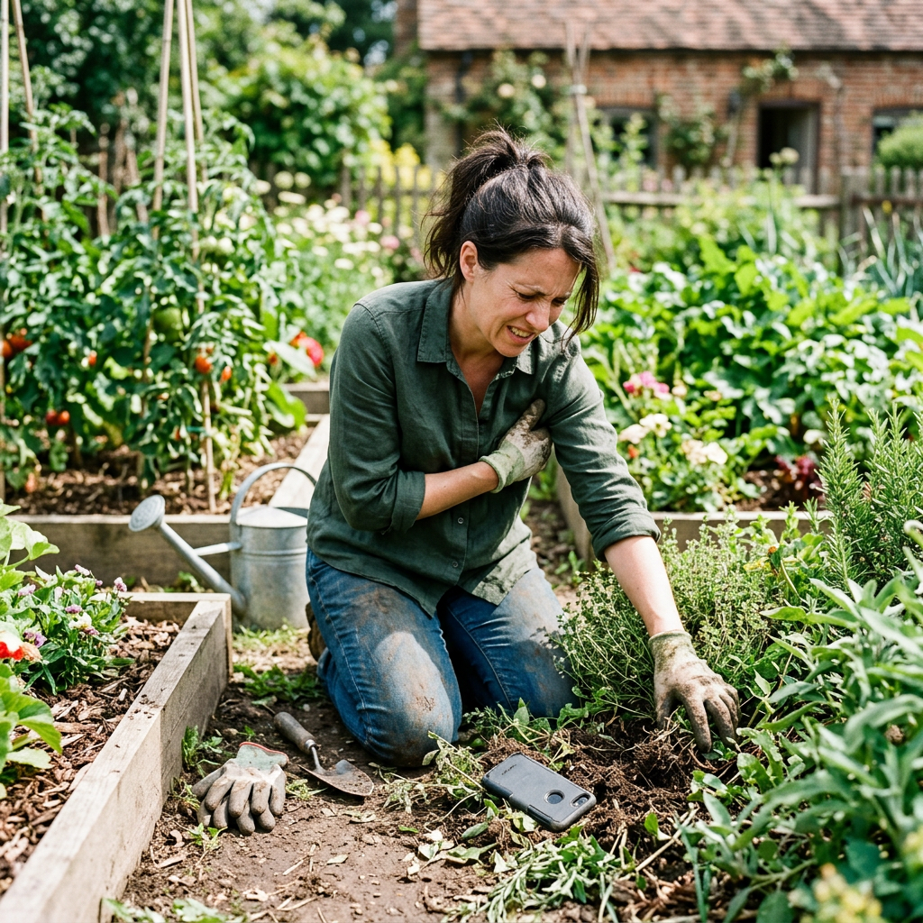 Gardener kneeling in a vegetable garden while holding an aching arm